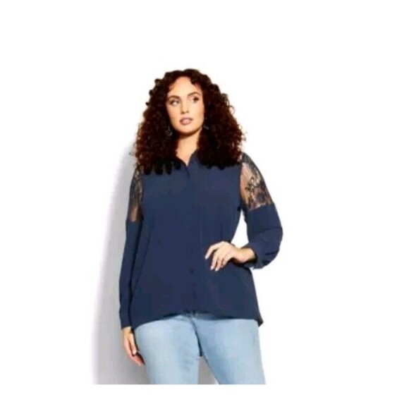 City Chic Button Down Shirt Lacy Hi-Lo Navy Blue Lace Long Sleeve Size 16 - Picture 1 of 11